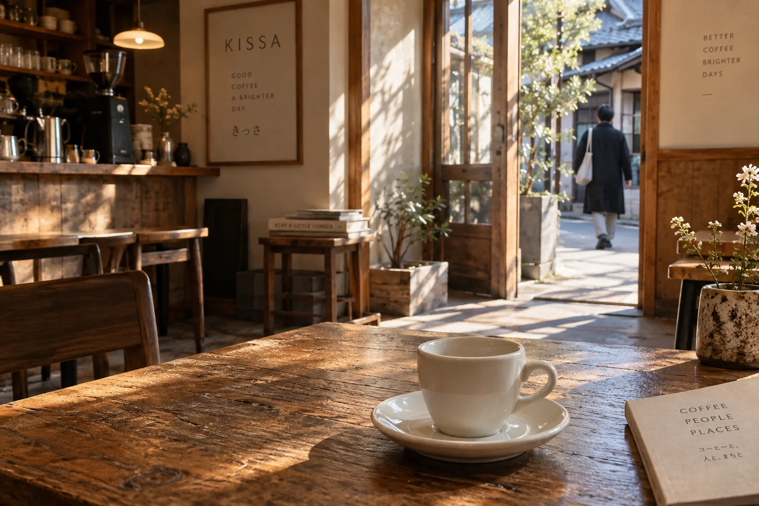 Warm sunlight across a wooden coffee table inside KISSA