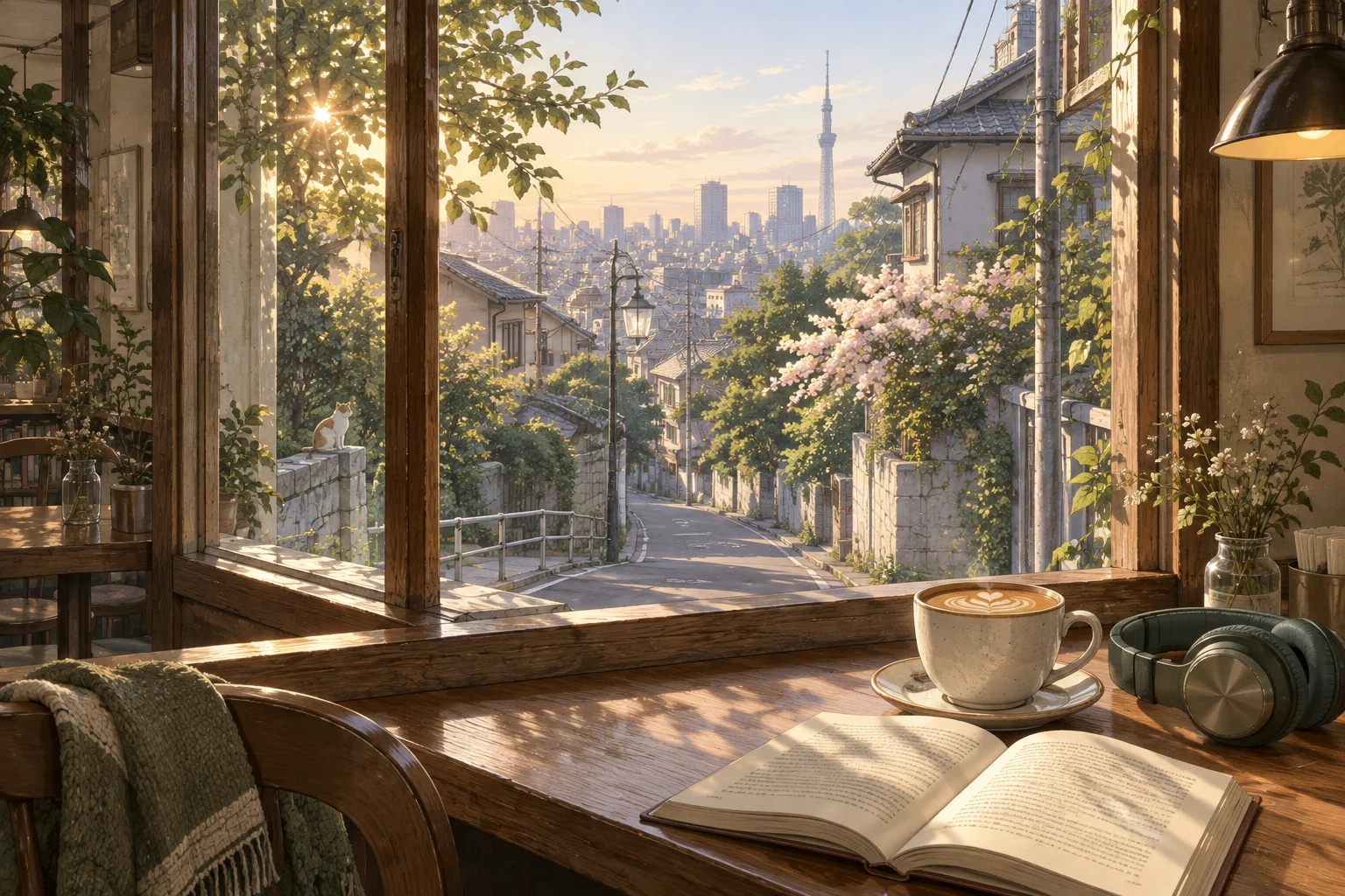 Painted coffee, book and headphones beside a large window overlooking morning Tokyo