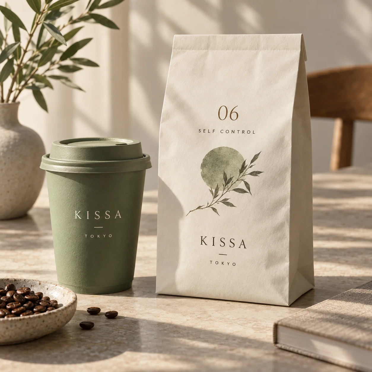 KISSA sage green Self Control takeaway cup and ivory coffee packaging