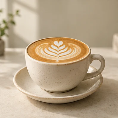 Morning flat white in an ivory ceramic cup
