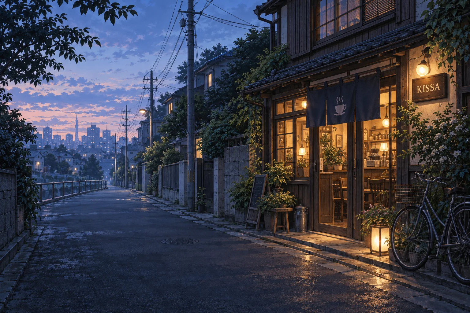 Original painted scene of KISSA glowing on a quiet Tokyo street at dawn